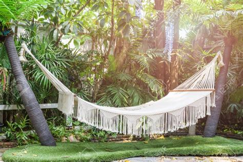 Empty White Hammock Hanging Between Palm Trees On The Garden For