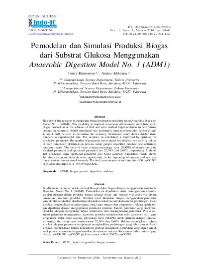 Pemodelan Dan Simulasi Produksi Biogas Dari Substrat Glukosa