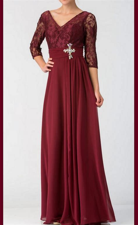 Burgundy Chiffon Sheer Lace V Neckline Mother Of The Bride Long Gown