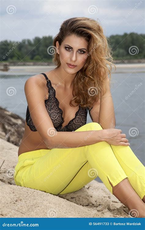 beautiful brunette woman on the beach stock image image of lady relax 56491733