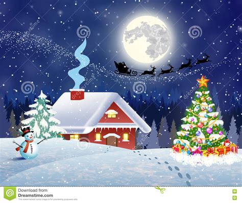 House In Snowy Christmas Landscape At Night Stock Vector Illustration