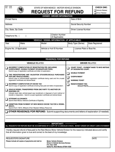 New Mexico Mvd Request For Refund 2003 Form Fill Out And Sign Online