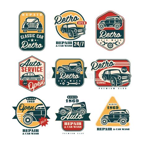 Car Repair Vintage Style Labels Set Auto Service Logo Badge Vector