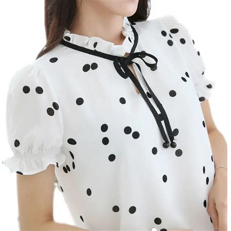Black White Polka Dot Summer Women Tops Ruffle Bow Collar Chiffon