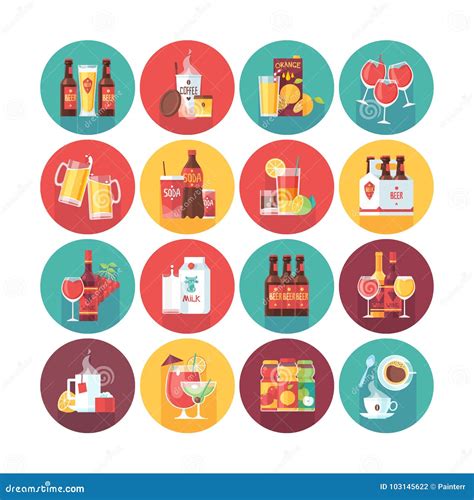 Drink And Beverage Icon Collection Flat Vector Circle Icons Set With