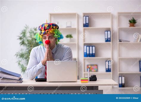 Funny Employee Clown Working In The Office Stock Image Image Of Humourous Computer 203332009