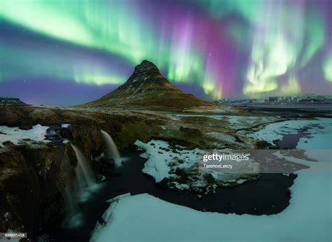 Northern Lights Aurora Over Kirkjufell Iceland High Res Stock Photo