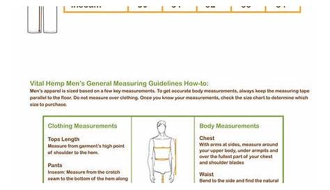 Men's Bottoms Size Chart - Vital Hemp, Inc.