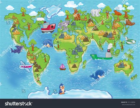 Funny Cartoon World Map All Continents Stock Illustration And World