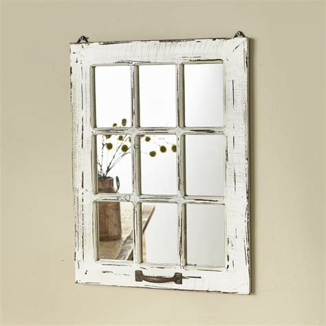 Distressed Wood Windowpane Mirror Rustic Home Decoration White