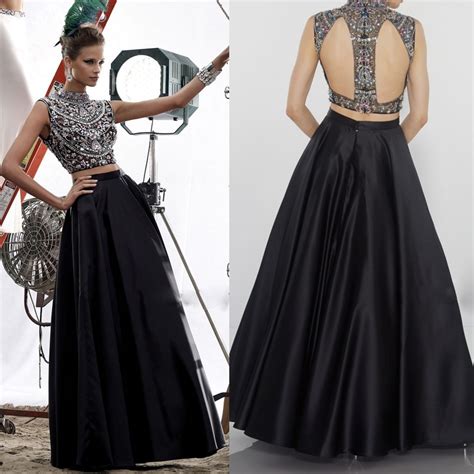 Sexy Black High Neck Two Pieces Backless Long Prom Dresses 2015 Satin