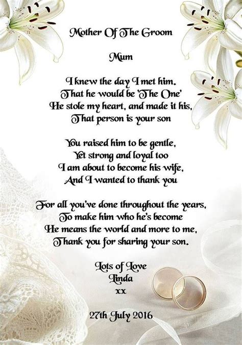 Choosing a gift for your parents or your partner's parents to say thank you for their help and support in the run up to the wedding is a lovely way to acknowledge this thank you print by from the heart features a poem to the parents of the groom, thanking them for all their love and support growing up. Wedding Day Thank You Gift, Mother Of The Groom from Bride ...