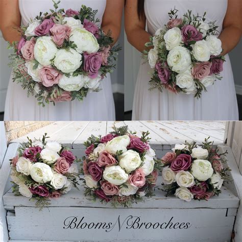 Dusty Rose Mauve Ivory Bridal Bridesmaids Bouquet Artificial Wedding