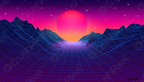 80s Synthwave Styled Landscape With Blue Grid Mountains And Sun Stock