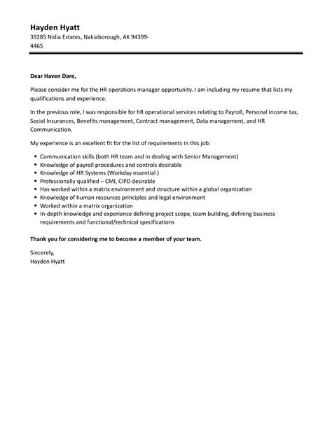 HR Operations Manager Cover Letter Velvet Jobs
