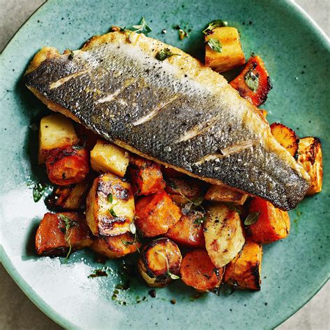 Pan Fried Sea Bass With Miso Lemon And Thyme Glazed Roasted Vegetables Recipe Epicurious