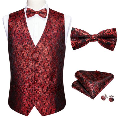 Buy Barrywang Mens Waistcoat Bowtie Set Red Paisley Jacquard Silk