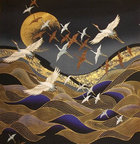 Japanese Cotton Fabric © Kona Bay Panel Flying Cranes Waves And