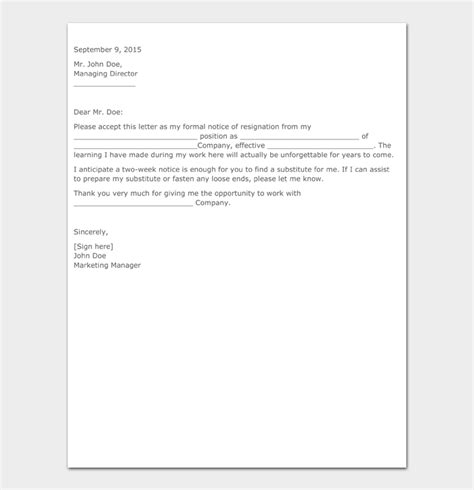Two Weeks Notice Format And Examples