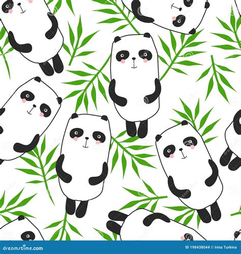 Colorful Seamless Pattern With Happy Pandas Bamboo Leaves Decorative