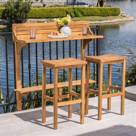 Caribbean Outdoor 3 Piece Acacia Wood Balcony Bar Set Natural Stained