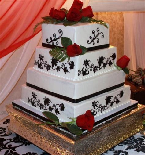 Damask Crewel Square Wedding Cake With Red Roses