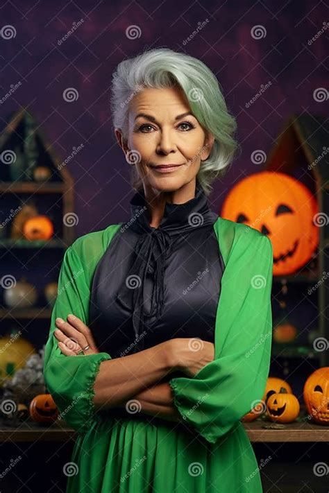 elegant mature lady poses in halloween attire against a lavender background ai generated stock