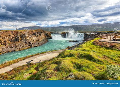 Breathtaking Landscape Scene Of Powerful Godafoss Waterfall Stock Photo