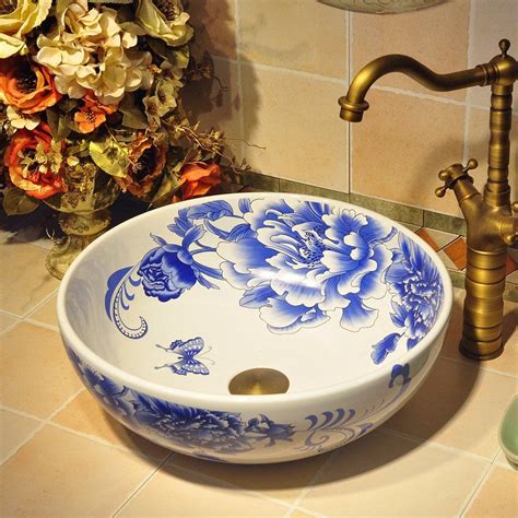 Chinese Hand Painted Art Porcelain Blue Basins Sinks With Butterfly