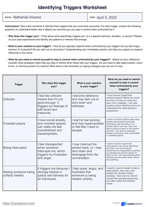 Identifying Triggers Worksheet And Example Free Pdf Download