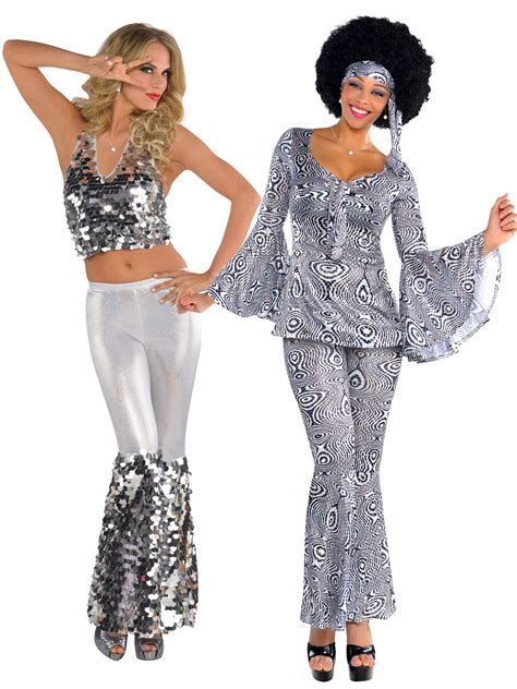 Ladies 1970s Sequinned Disco Dancing Top Flares Fancy Dress Costume