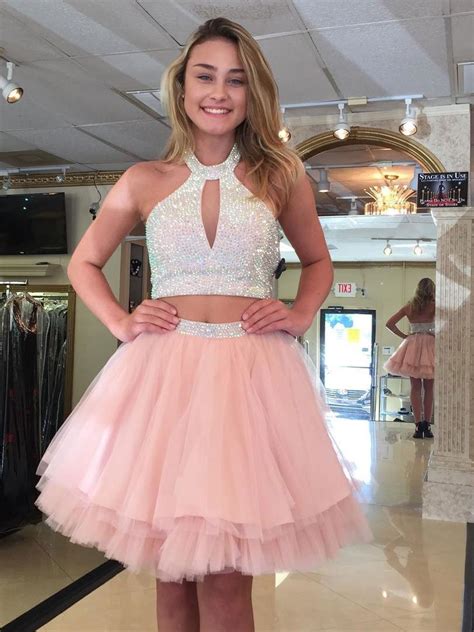 Two Piece Homecoming Dresses Halter Beading Blush Pink Short Prom Dress