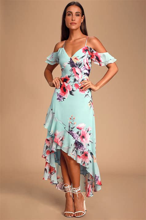 Lovely Blue Dress Floral Print Dress Off The Shoulder Dress Lulus