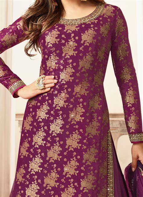 Buy Drashti Dhami Purple Art Silk Jacquard Palazzo Sui Jacquard Embroidered Palazzo Suit