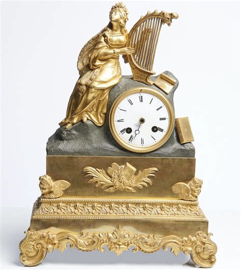 French Bronze Figural Mantel Clock With Harp Playing Maiden Clocks