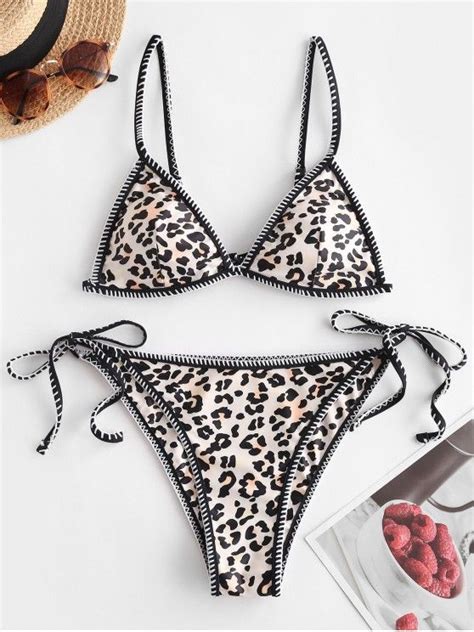 59 Off 2021 Zaful Leopard Snakeskin Whip Stitch Tie String Bikini