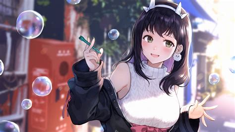 Download 1920x1080 Pretty Anime Girl Black Hair Bubbles