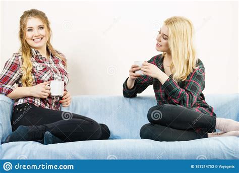 Female Friends Sitting On Sofa Having Fun Stock Image Image Of Talking Sofa 187214753