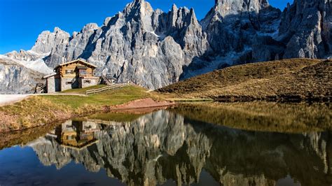 Alps Cabin Dolomites Italy Lake Mountain With Reflection Hd Nature