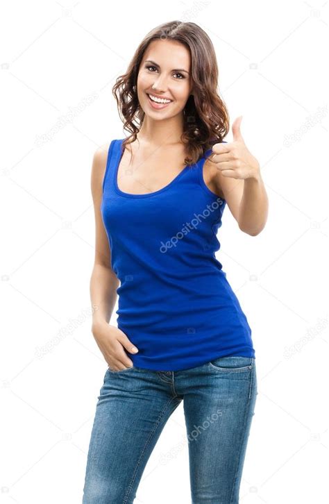Young Woman Showing Thumbs Up Gesture On White — Stock Photo © G