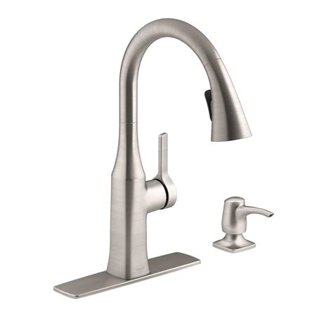 This medium priced kitchen faucet is 16 inches high and has an elegant arching appearance. KOHLER Rubicon Single-Handle Pull-Down Sprayer Kitchen ...