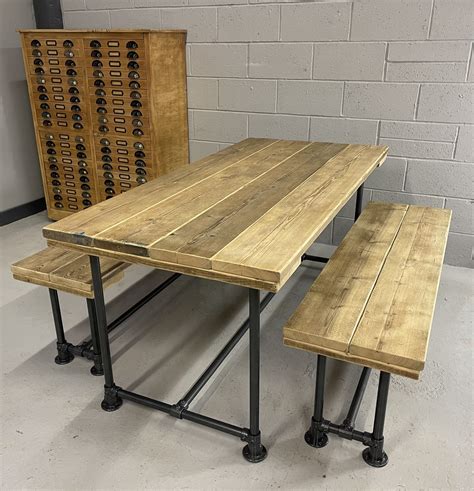 Industrial Reclaimed Scaffold Board Dining Table Steel Legs And 2 Benches