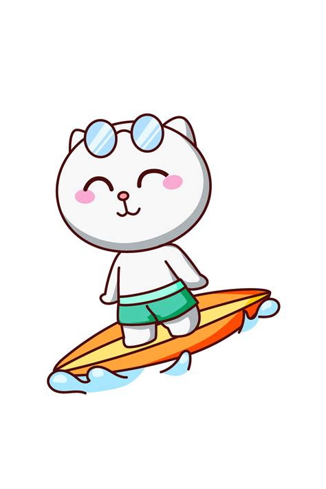 Cute Cat Surfing In Sea In Summer Cartoon Illustration 3226696 Vector
