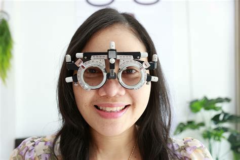 Woman Wearing Trial Frame Of Eye Test Eye Exam Concept Woman Eye Test In Clinic Women Eye