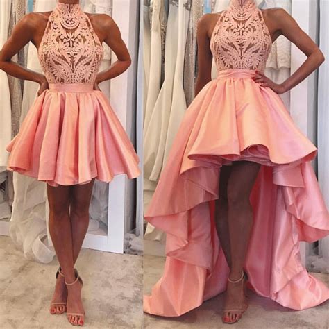 Superkimjo High Neck Prom Dresses Long Lace Detachable Skirt Satin Pink