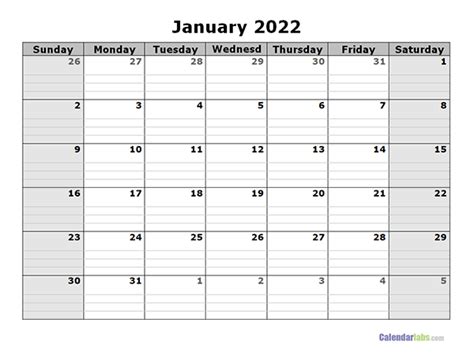 2022 Calendar Printable Template Blank