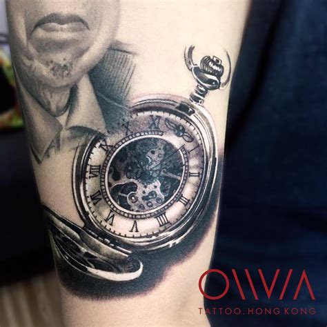 Black And Grey Pocket Watch Tattoo