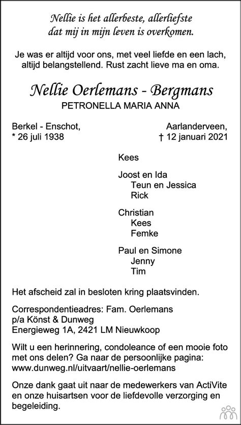 Petronella Maria Anna Nellie Oerlemans Bergmans 12 01 2021