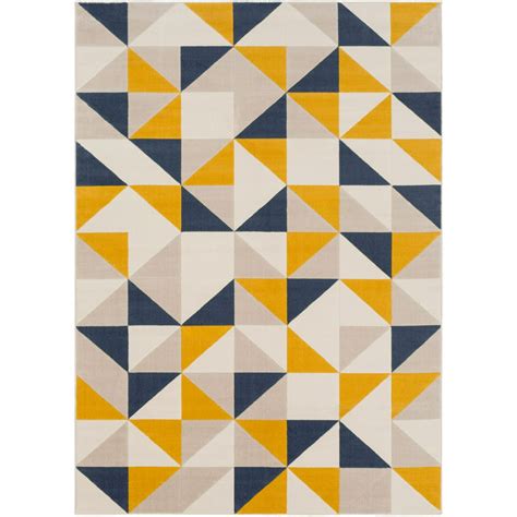 78 X 1025 Geometric Patterned Navy Blue And Mustard Yellow