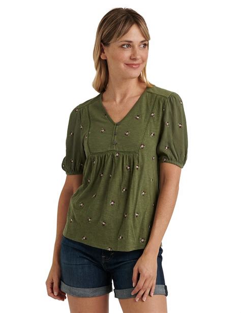 Lucky Brand Womens Short Sleeve V Neck Allover Embroidered Peasant Top